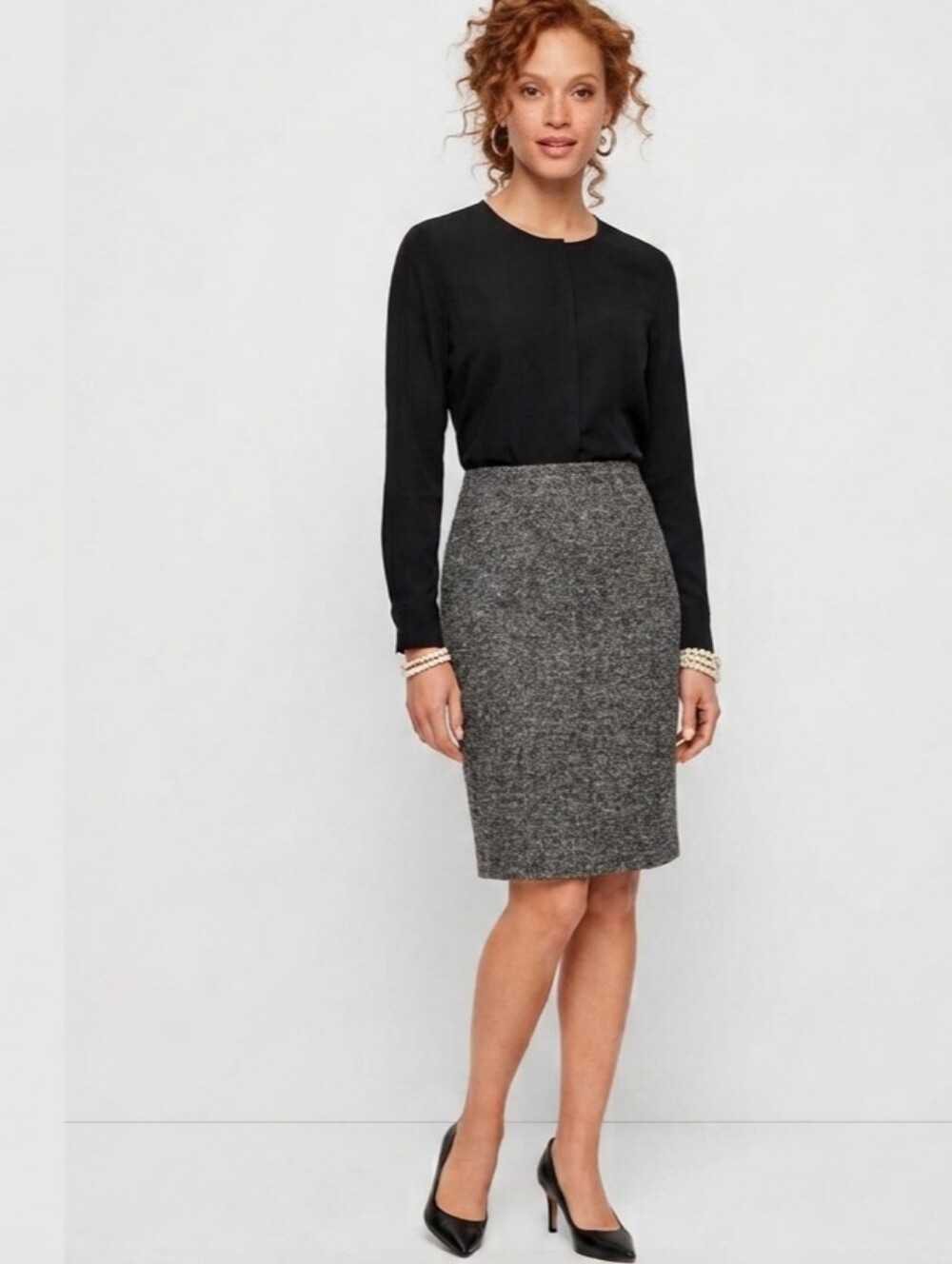 TALBOTS Wool/Lambswool Black, White, and Gray Heather Slim Skirt